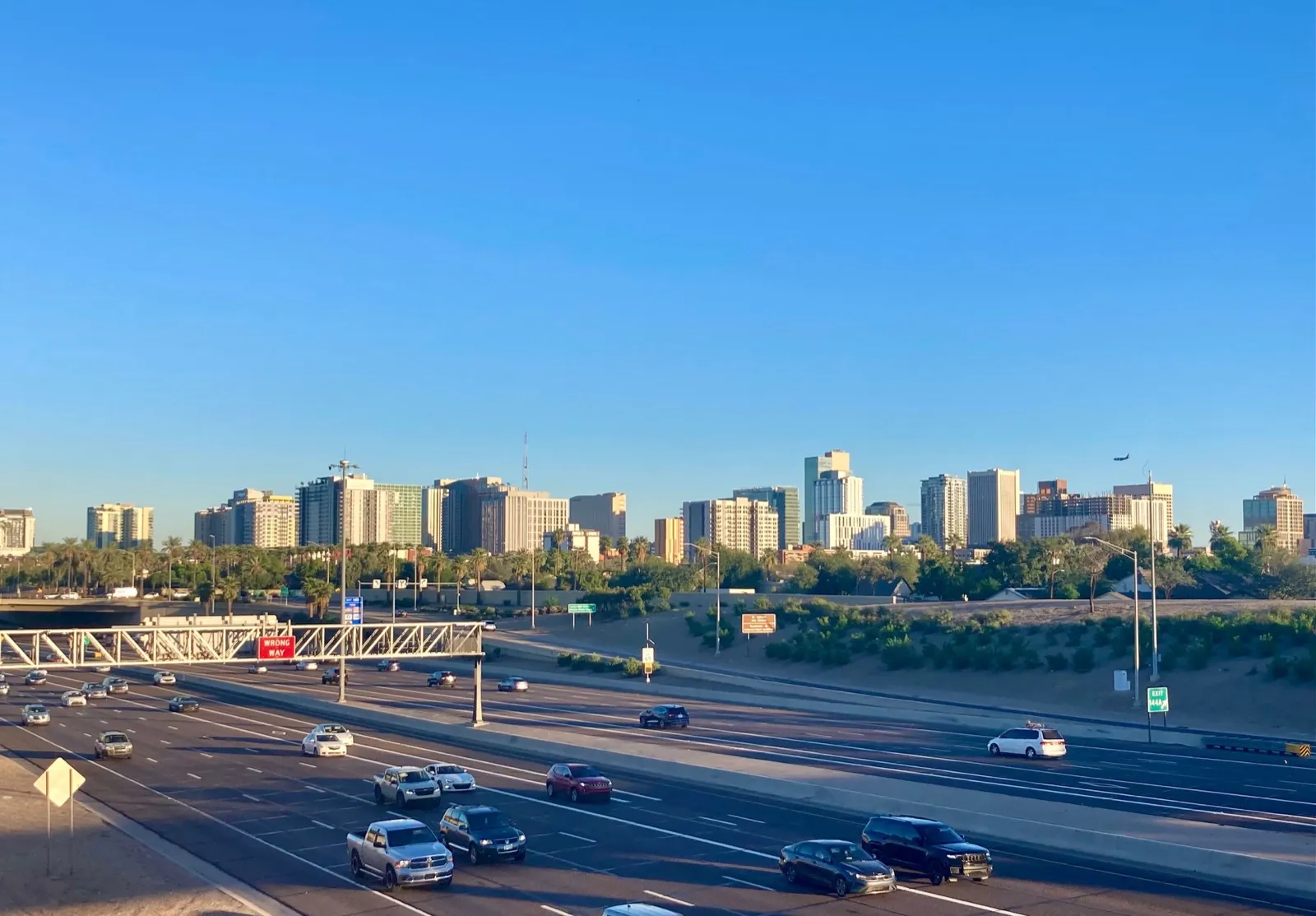 The towers of downtown Phoenix and a row of palm trees under a clear blue sky, seen from above a wide freeway