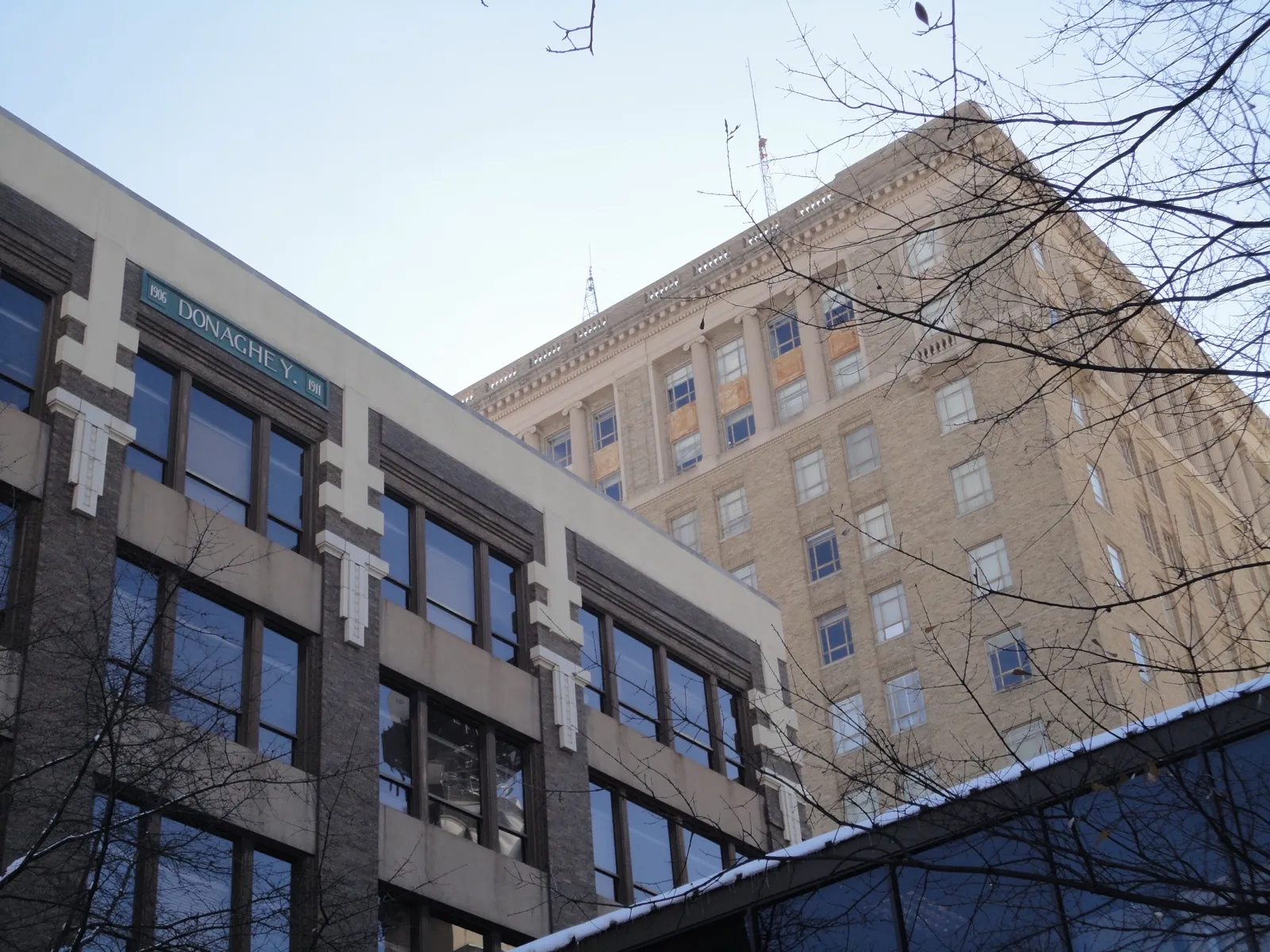Donaghey Plaza North in downtown Little Rock, one of the Arkansas Department of Human Services office buildings, with the taller Donaghey Building behind it