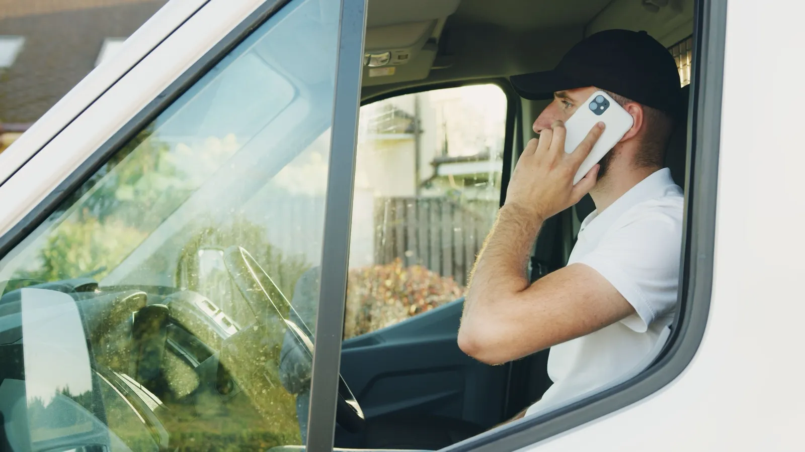 A driver sitting in a parked van with the door open, making a phone call