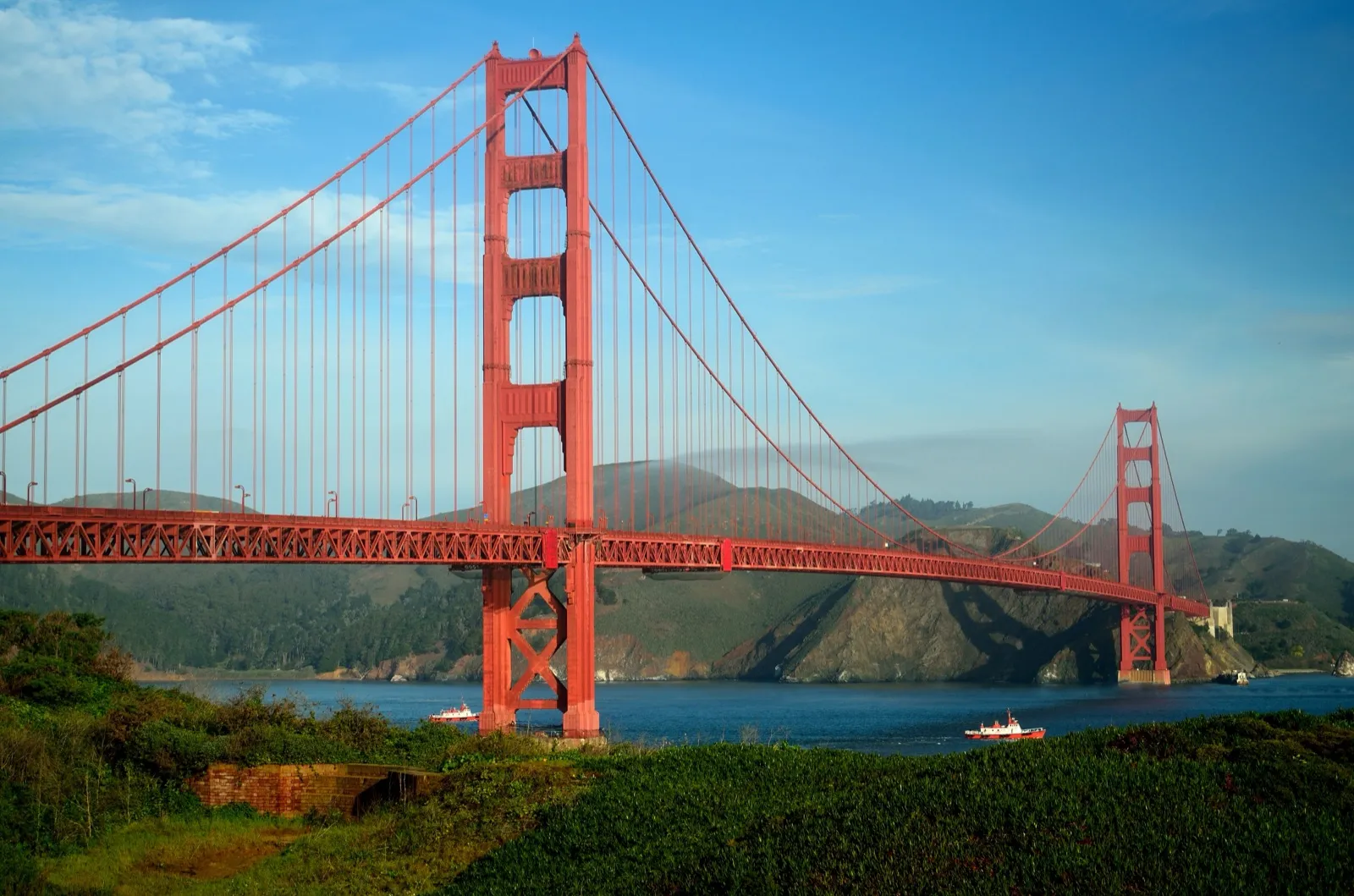 The Golden Gate Bridge on a clear day, with its red towers over blue water and the green Marin Headlands behind it