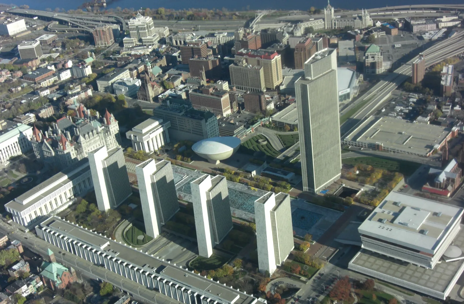 Aerial view of the Empire State Plaza in Albany, with the tall Corning Tower that houses the New York State Department of Health at center right