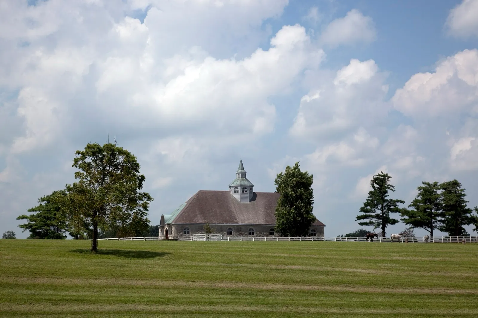 A stone horse barn with a green cupola behind white board fences and a mowed pasture on a horse farm near Lexington, Kentucky