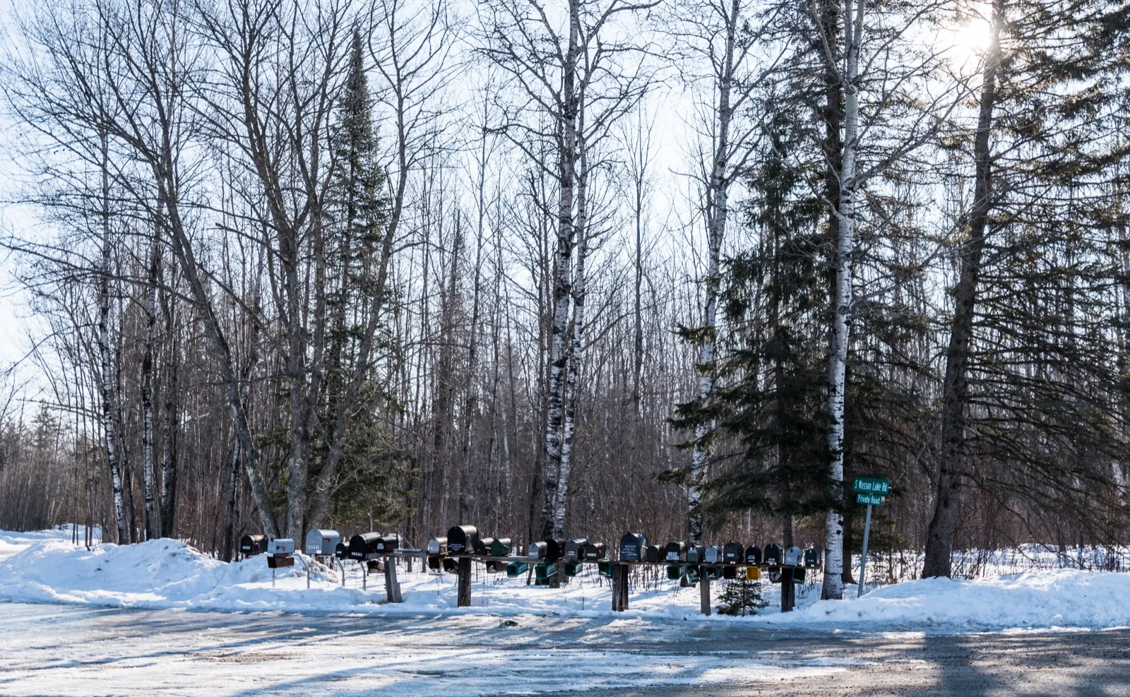 A long row of rural mailboxes on posts beside a snowy road in a northern Minnesota forest