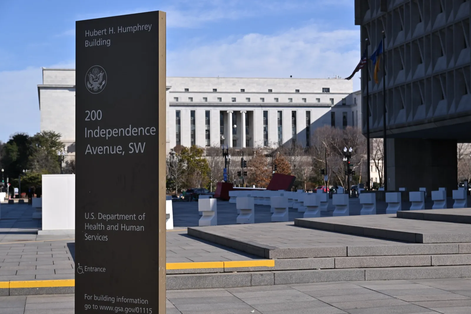 The sign for the U.S. Department of Health and Human Services outside the Hubert H. Humphrey Building in Washington, DC