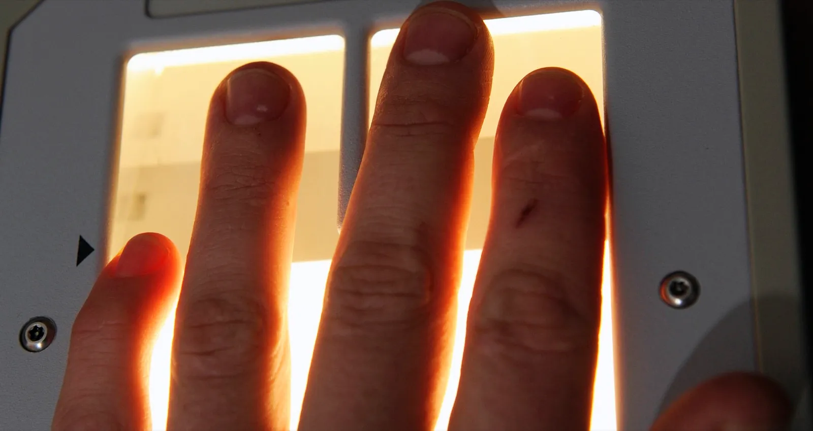 Fingers pressed on the lit glass of a digital fingerprint scanner