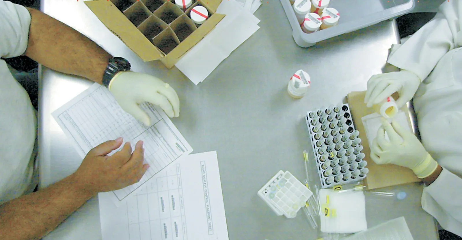 Lab technicians in gloves log sealed urine sample bottles and bar-coded test tubes for drug screening