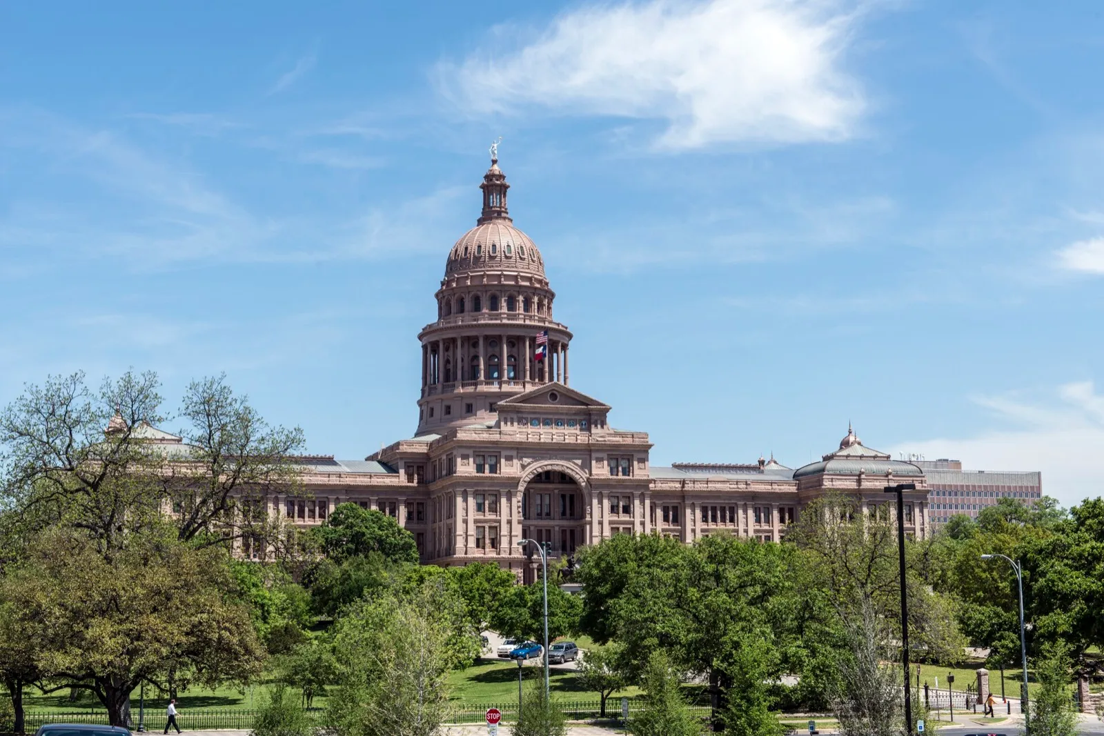 The Texas State Capitol in Austin, a domed pink granite building, seen across trees and a lawn on a clear day