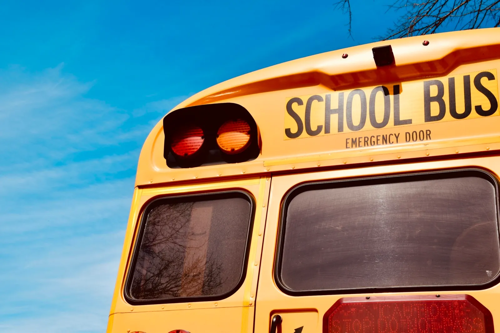 The back of a yellow school bus with School Bus and Emergency Door lettering, against a blue sky